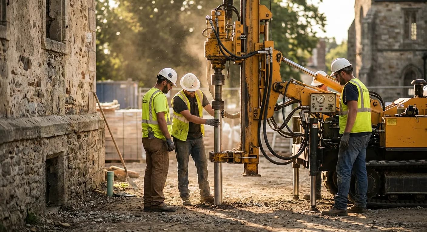 Mise en œuvre des micropieux par Soltechnic Installation technique de micropieux sous un mur en pierre