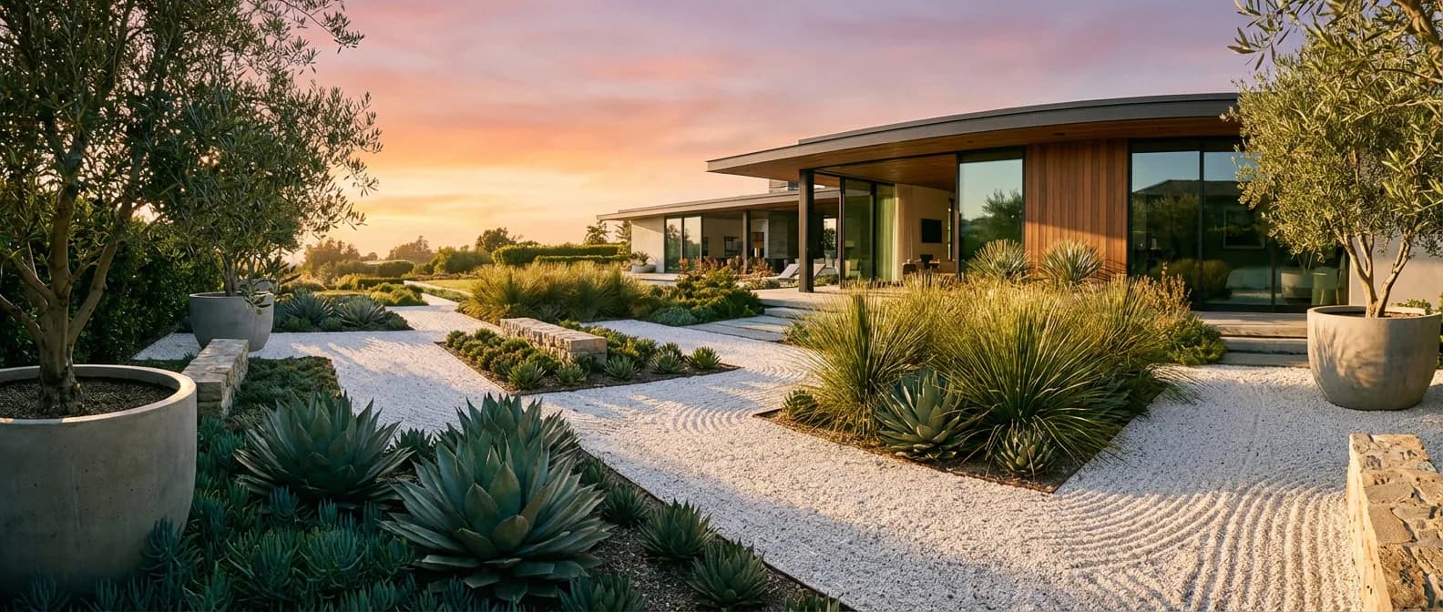 Jardin contemporain avec décoration minérale en gravier Aménagement paysager moderne avec allées en gravier blanc et plantes graphiques sous une lumière dorée