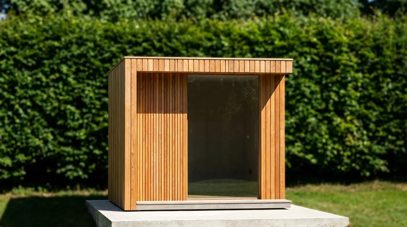 Avis Greenkub : test, prix et avis clients 2024 Vue minimaliste d'un studio de jardin en bois sur fond vert.