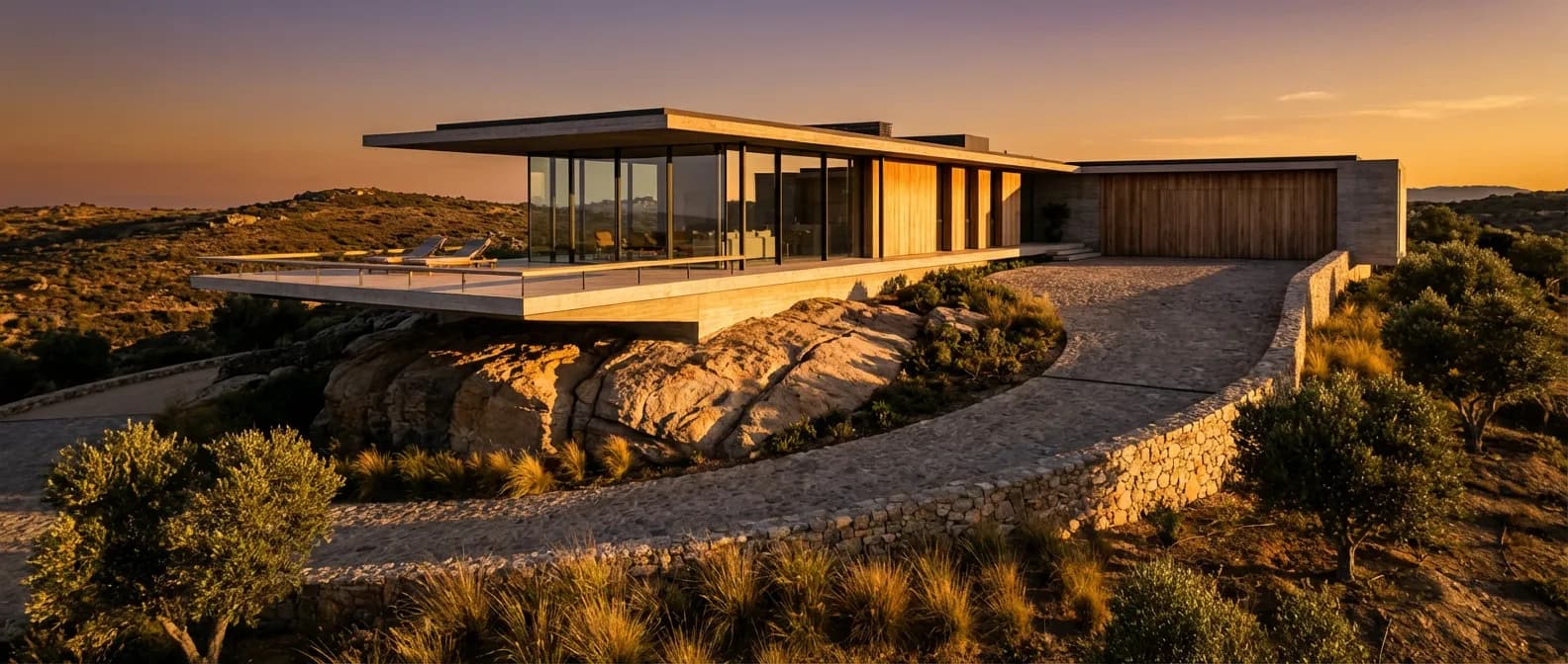 L'expertise Soltechnic pour des fondations durables Fondation solide d'une villa moderne haut de gamme au soleil couchant