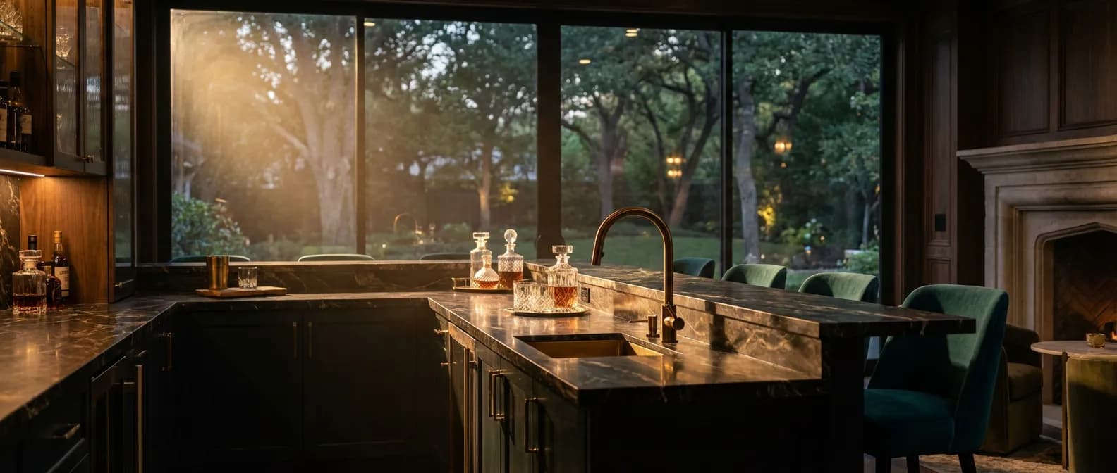 Aménagement d'un bar intérieur haut de gamme et sophistiqué Design de bar de luxe élégant intégré dans un salon moderne avec éclairage d'ambiance