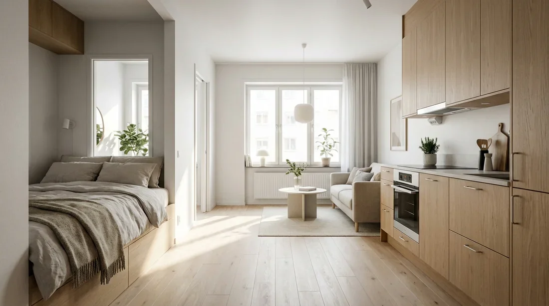 Aménagement lumineux d'un studio de 15m2 avec coin nuit et kitchenette style scandinave