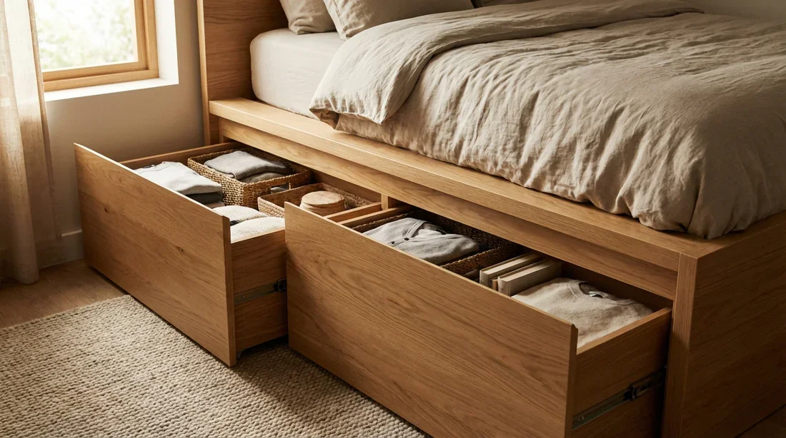 Lit sur estrade avec tiroirs de rangement intégrés pour gagner de la place