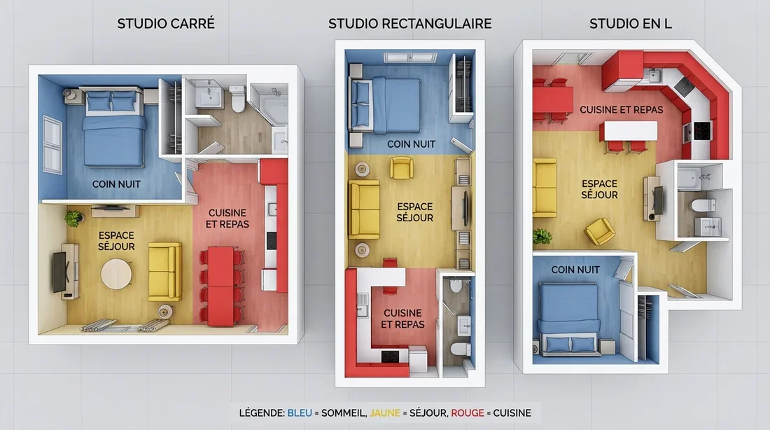 Plan 2D/3D avec zonage de couleurs pour 3 configurations de studio