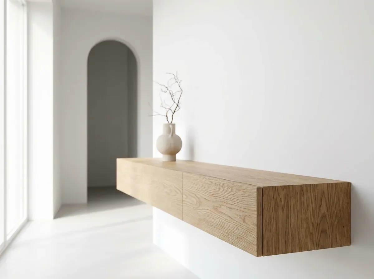 Aménager un couloir : idées déco et rangements astucieux Console étroite en bois pour l'aménagement d'un couloir