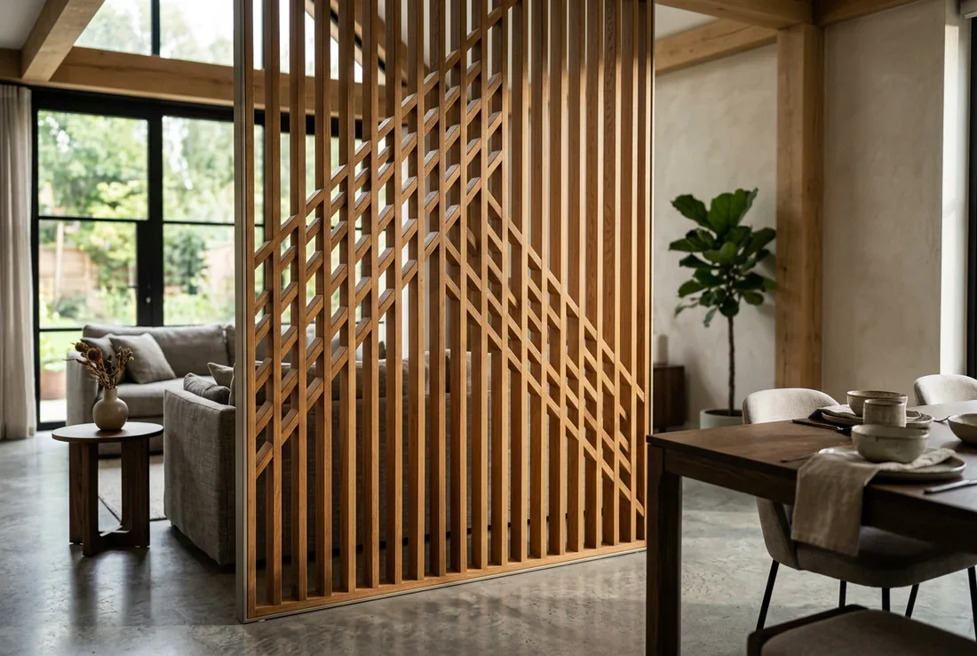 Aménagement d'un grand salon rectangulaire lumineux avec mur bleu pétrole et zonage par tapis.