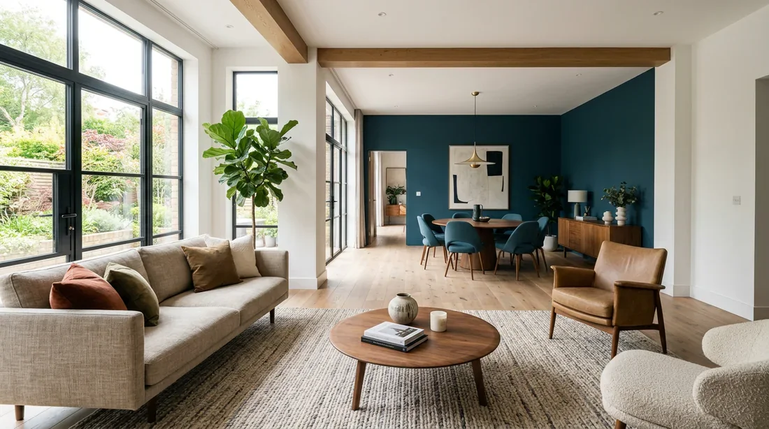 Bibliothèque ajourée servant de cloison légère dans un séjour.