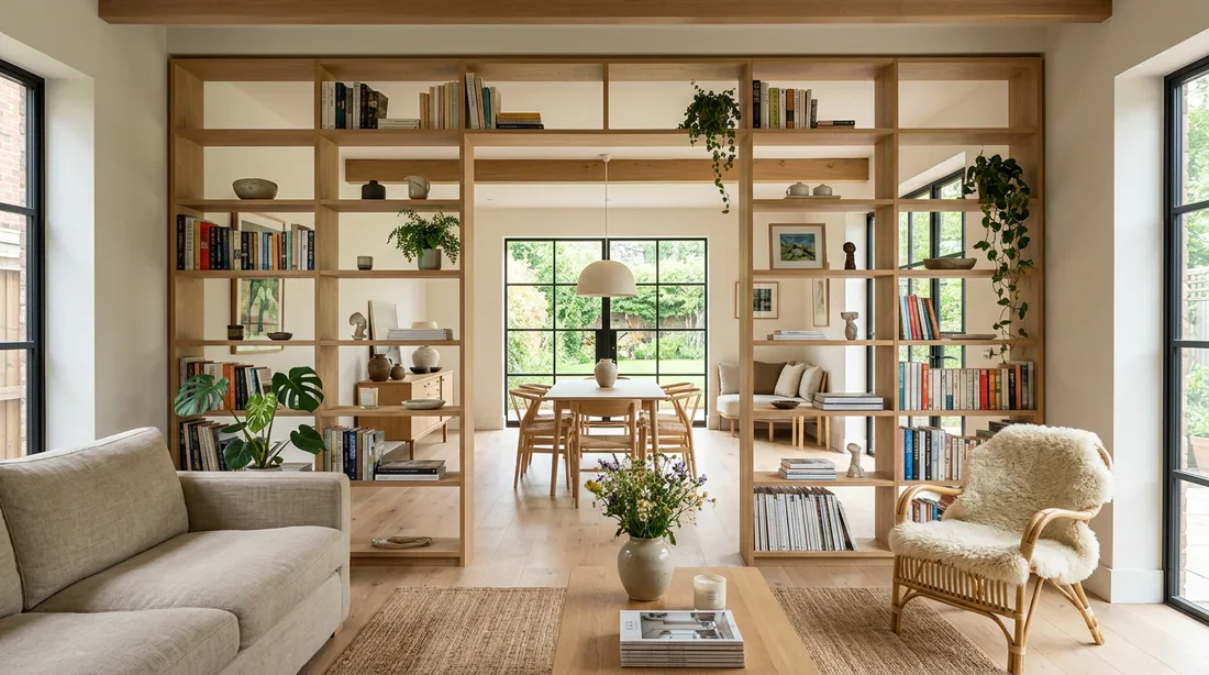 Positionnement d'un canapé perpendiculaire pour casser l'effet de longueur.