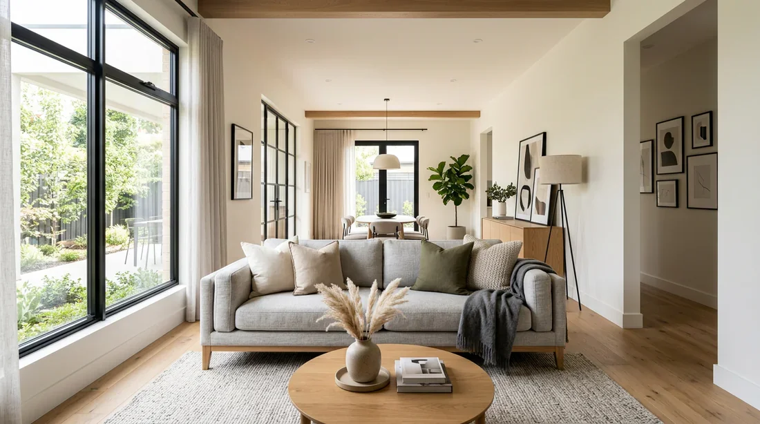 Schéma d'implantation pour un salon séjour rectangulaire avec zones distinctes.