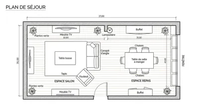Séparation visuelle par claustra en bois entre deux zones d'un salon.