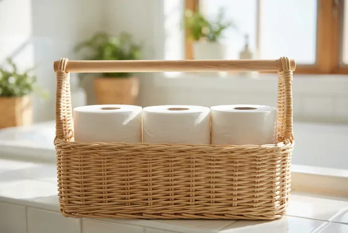 Astuce rangement papier toilette : 21 idées gain de place - 21 astuces rangement papier toilette : le guide ultime ! - Comment ranger son papier toilette ? 21 astuces de pro Panier en osier décoratif pour rouleaux de papier toilette