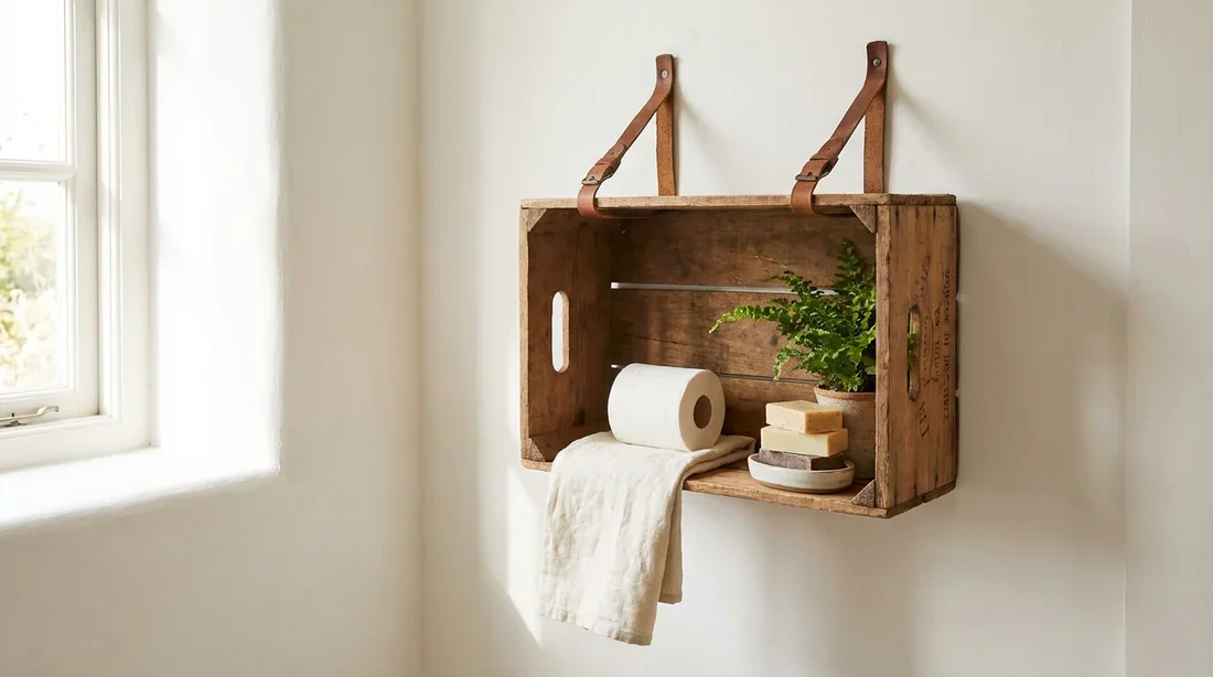 Rangement papier toilette fait main avec caisse en bois et cuir style récup