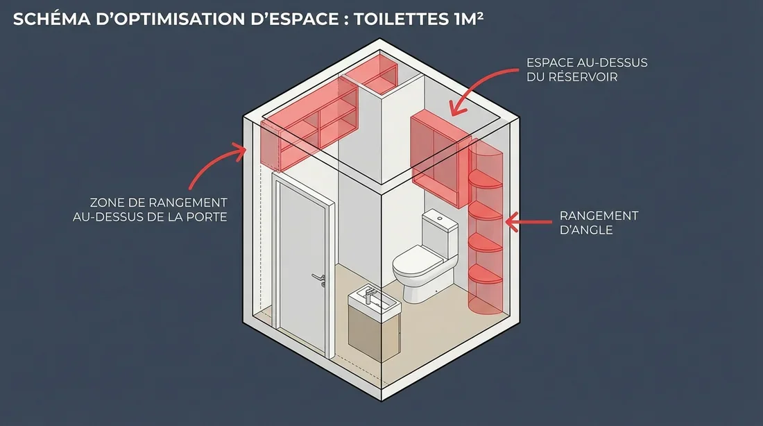 Schéma 3D des zones d'optimisation de rangement pour petits WC de 1m2