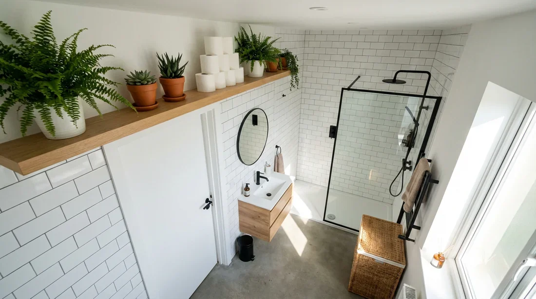 Vue d'ensemble de toilettes modernes et lumineuses avec une étagère de rangement au-dessus de la porte