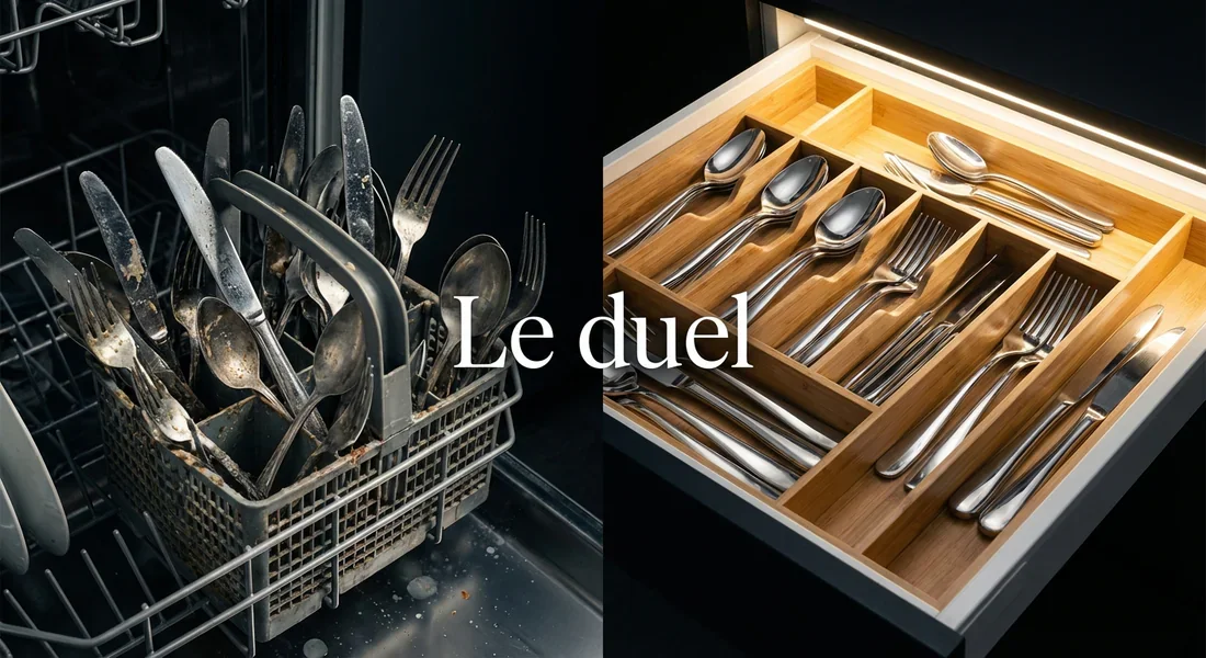 Le duel : panier contre tiroir à couverts Comparaison visuelle entre un panier à couverts encombré et un tiroir à couverts parfaitement aligné et propre.
