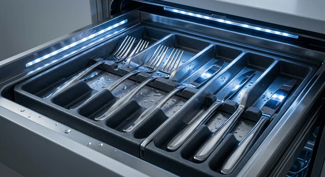 Optimisation du rangement avec le tiroir à couverts Gros plan sur l'organisation précise d'un tiroir à couverts de lave-vaisselle haut de gamme.