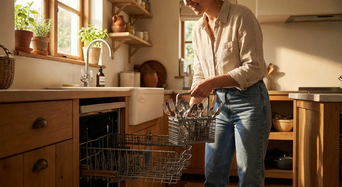 Praticité et mobilité du panier à couverts Personne transportant un panier à couverts amovible pour ranger la vaisselle.
