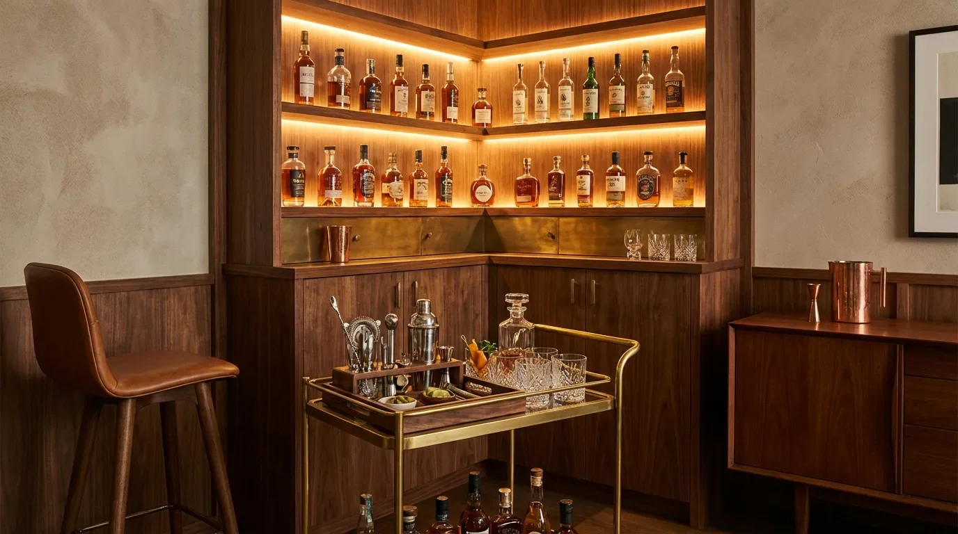 Coin bar avec étagères rétroéclairées et décoration moderne