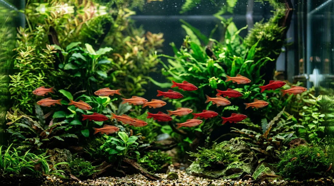Aquarium planté avec Barbus cerises Aquarium communautaire d'eau douce avec un banc de Barbus cerises nageant parmi les plantes