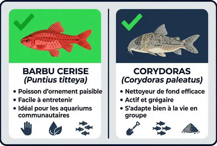 Barbus cerise : cohabitation réussie - 5 poissons compatibles avec le Barbus cerise - Quelles espèces pour un bac avec des Barbus cerise ? Comparaison entre un Barbus cerise et un Corydoras pour aquarium communautaire