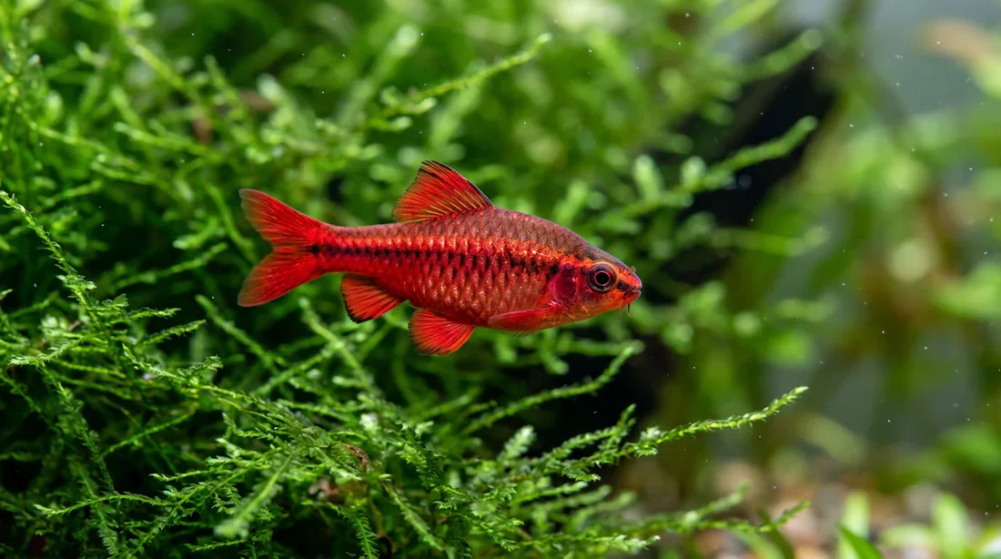 Le Barbus cerise : caractéristiques et comportement Gros plan d'un Barbus cerise mâle en aquarium
