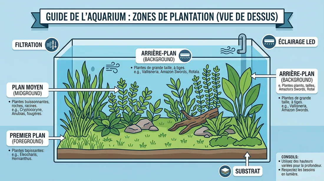 Plan de plantation pour aquarium communautaire Schéma d'aménagement d'un aquarium planté