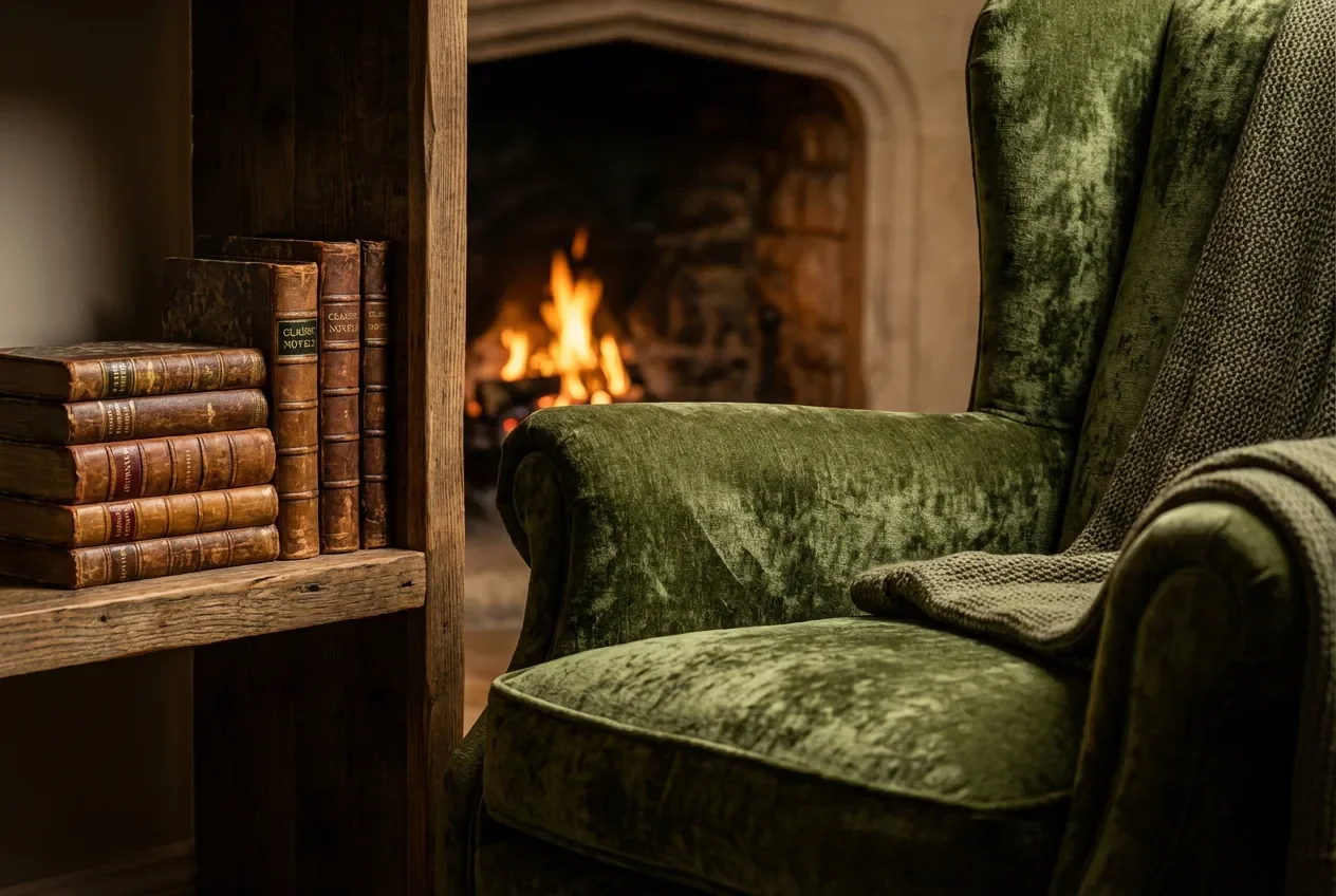 Bibliothèque cheminée : idées et conseils d'aménagement Vue rapprochée d'un coin lecture avec fauteuil et étagères près du feu
