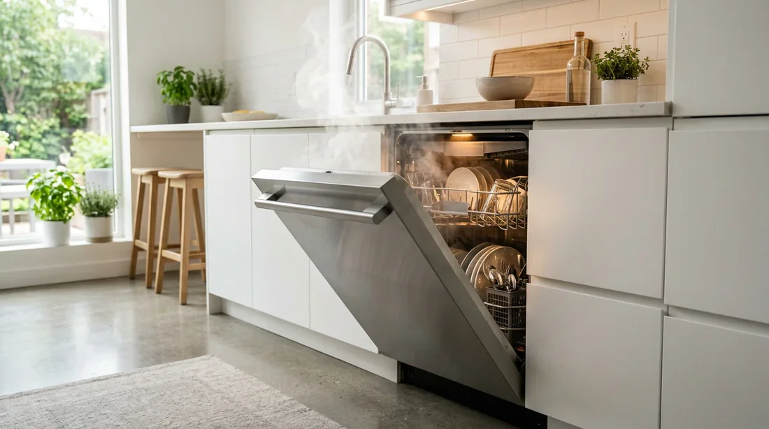 Ambiance de cuisine moderne et lave-vaisselle performant Cuisine moderne lumineuse avec lave-vaisselle encastré ouvert dégageant de la vapeur