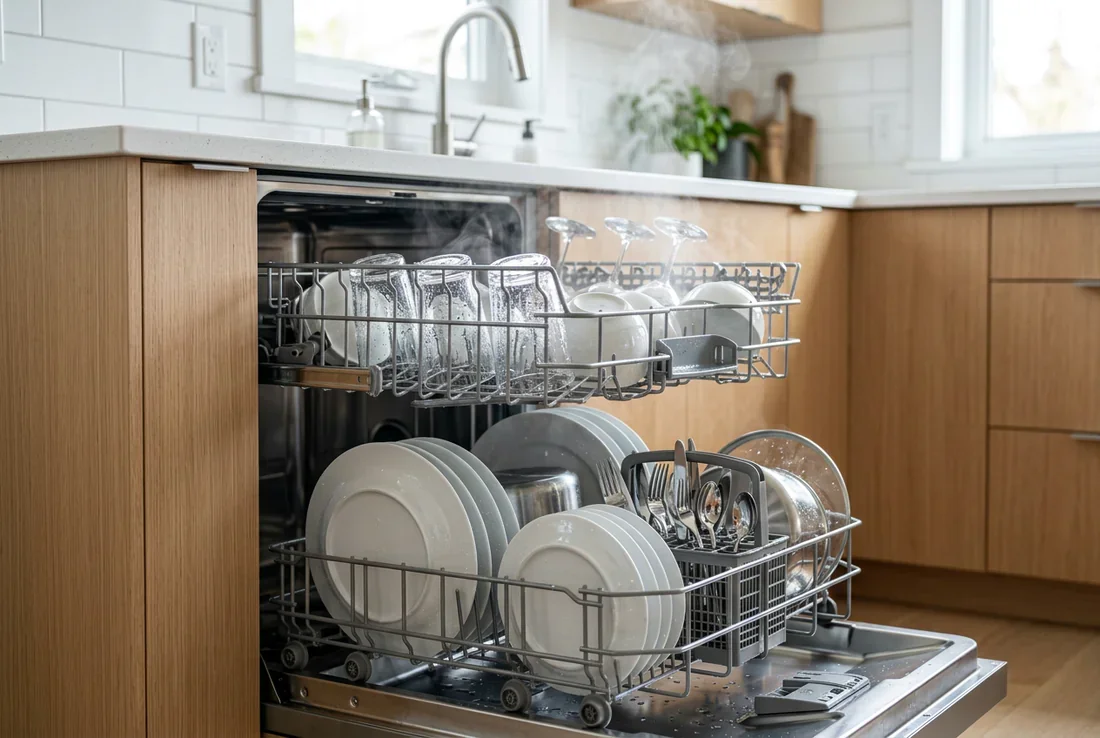 Optimisation du chargement de la vaisselle Rangement optimisé des assiettes et verres dans le panier du lave-vaisselle