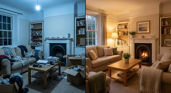 Comment décorer son salon : 7 étapes d'architecte - Déco salon : 7 secrets d'architecte pour tout changer - Salon fade ? La méthode pour une déco réussie en 7 pas Comparaison avant après d'un aménagement de salon réussi