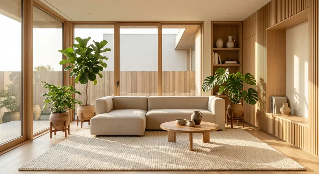 Salon lumineux au style Japandi contemporain avec agencement parfait des meubles et plantes