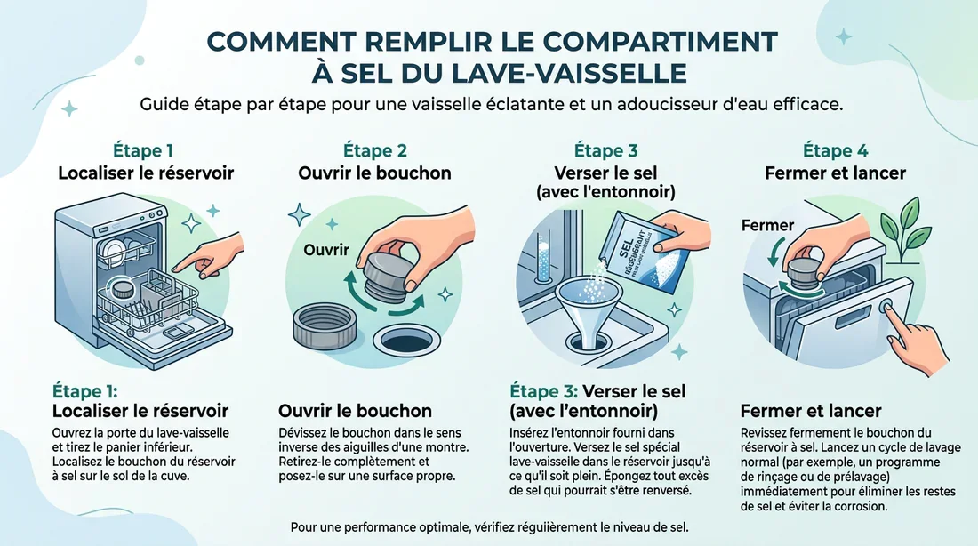 Infographie étape par étape pour remplir le sel du lave-vaisselle