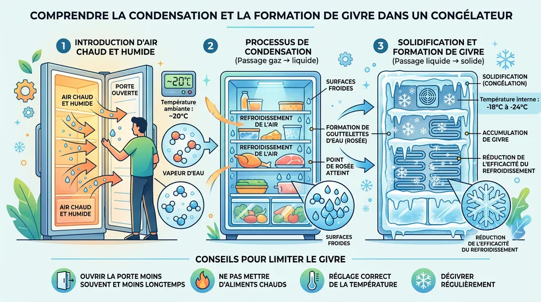 Infographie explicative sur la condensation et la formation de givre dans un congélateur
