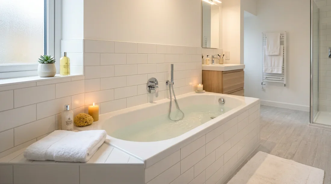 Baignoire standard remplie d'eau dans une salle de bain claire