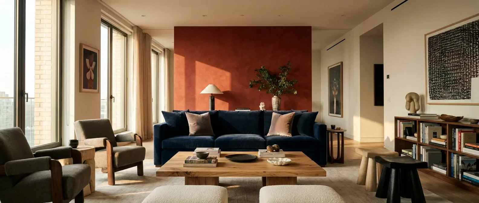 Aménagement d'un salon luxueux avec une association de couleur rouge et bleu équilibrée