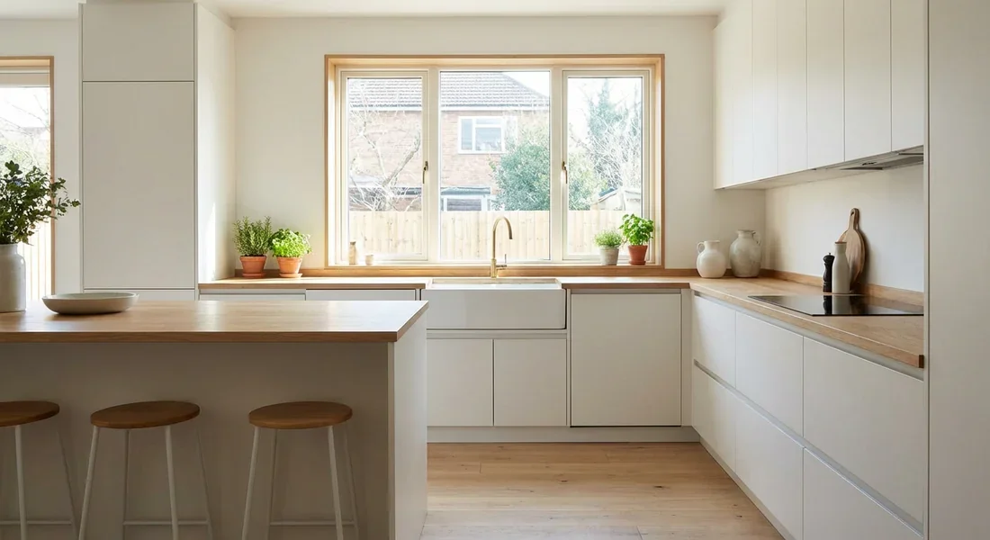 Cuisine moderne en L lumineuse avec fenêtre au-dessus de l'évier et plan de travail en bois clair.