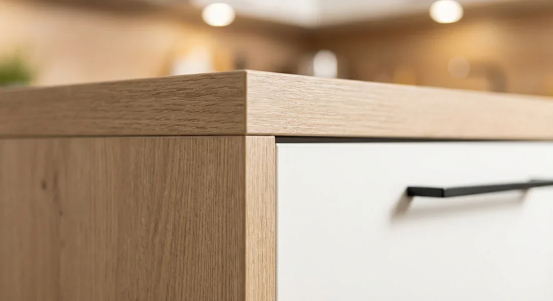Détail des finitions bois et blanc d'une cuisine contemporaine.