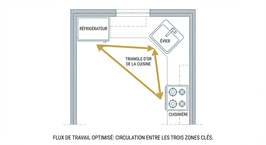 Schéma du triangle d'activité pour l'ergonomie d'une cuisine en L.
