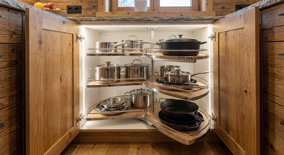 Solution de rangement optimisée pour l'angle d'une cuisine en L.