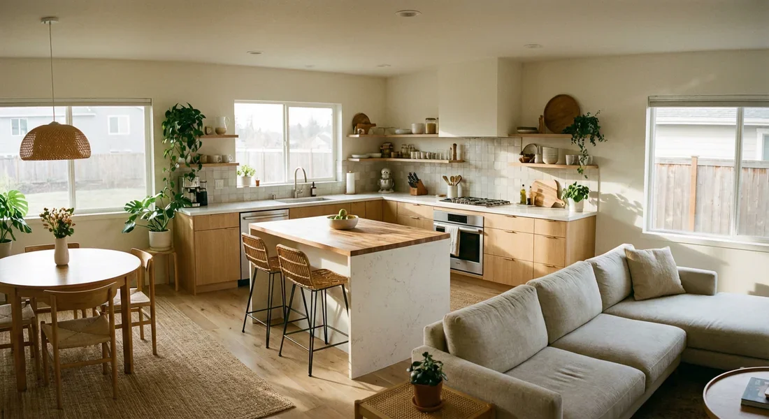 Vue d'ensemble d'une cuisine en L ouverte sur le salon.