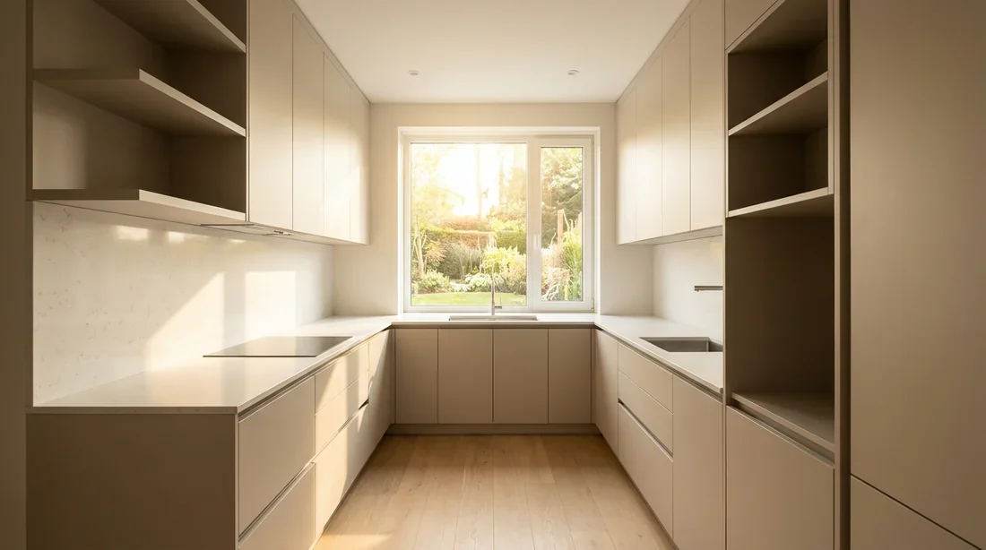 Cuisine en U compacte et moderne Aménagement d'une petite cuisine en U moderne et lumineuse avec fenêtre au fond