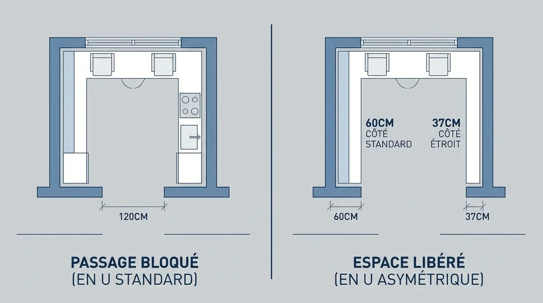 Gain de place avec plan asymétrique Comparaison de plan cuisine en U standard versus profondeur réduite