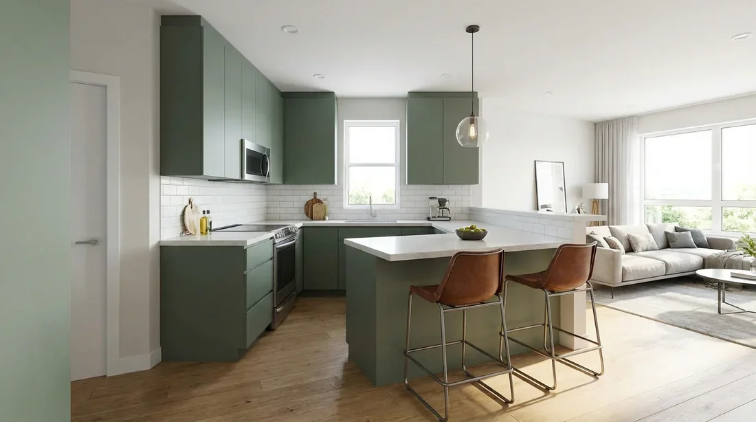 Cuisine en U avec bar et tabourets Cuisine en U avec bar péninsule ouverte sur le salon pour petite surface