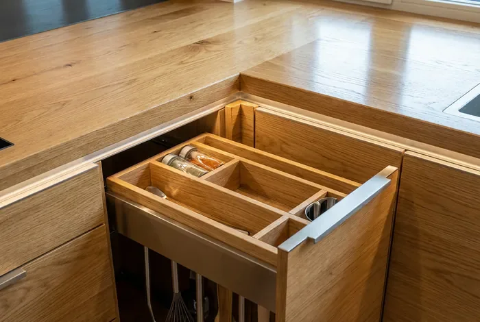 Cuisine en U petite surface : les plans et cotes 2025 - Cuisine en U petite surface : 5 astuces pour tout caser - Petite cuisine en U : comment l'aménager sans erreur ? Détail d'un angle optimisé dans une petite cuisine en U