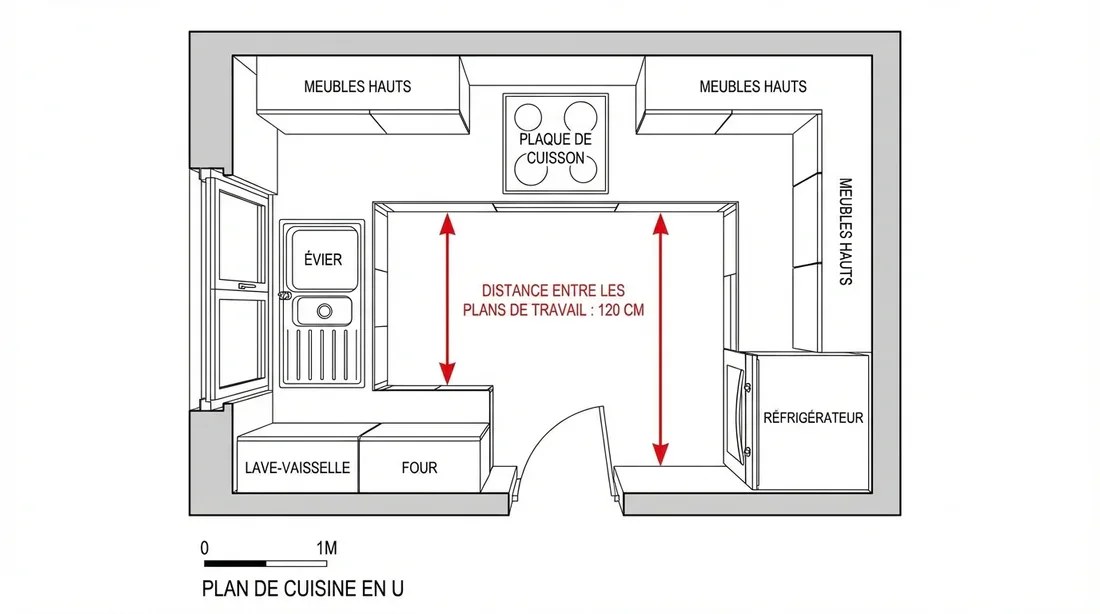 Dimensions minimales de circulation cuisine en U Schéma technique des dimensions minimales pour l'aménagement d'une cuisine en U