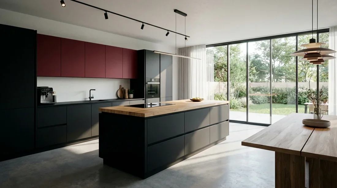 Cuisine moderne ouverte avec meubles bas noirs mats et meubles hauts rouge bordeaux