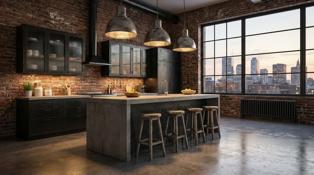 Cuisine style loft avec mur de briques rouges et meubles noirs industriels