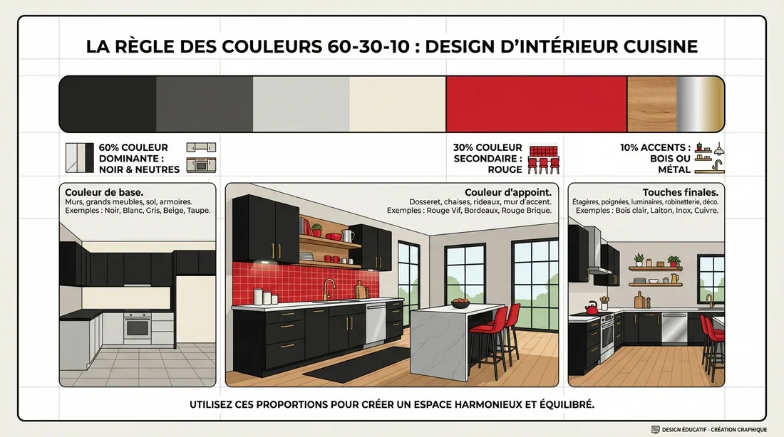Infographie montrant la règle 60-30-10 pour équilibrer les couleurs d'une cuisine