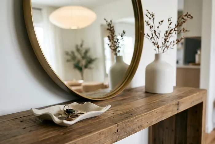 Décoration d'une entrée : 7 étapes pour réussir - Déco entrée : 7 secrets pour un accueil chaleureux - Comment décorer une entrée ? 7 astuces pour tout ranger Détail décoration console d'entrée avec miroir et vide-poche