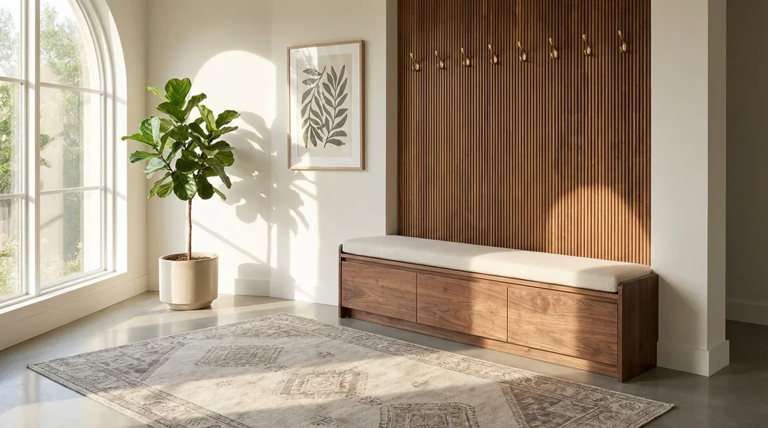 Entrée lumineuse et ordonnée avec banc de rangement et décoration élégante